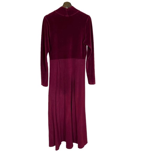 Vintage 90s Wine Red Long Sleeve Velvet Ribbed Mock Neck Full Length Dress Mediu - Picture 2 of 10